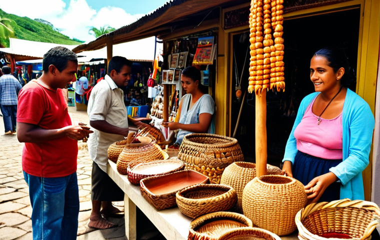 ** A bustling marketplace in Mauritius. Tourists are shown buying souvenirs and local crafts. In the background, a local artisan is working on their craft, with finished goods displayed. The overall atmosphere is vibrant and colorful, showcasing the economic contribution of tourism to local businesses. Focus on the detail of local handicrafts, like woven baskets or carved wooden items, and the interaction between tourists and local vendors.
**