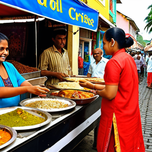 A vibrant street market scene in Mauritius, showcasing the multicultural cuisine: Indian curries, Chinese "mine frit," and "dholl puri" stands side-by-side. People of diverse ethnicities (Indian, Creole, Chinese, European) are interacting and enjoying the food. The background should include colorful buildings and bustling activity, reflecting the island's diverse culture.