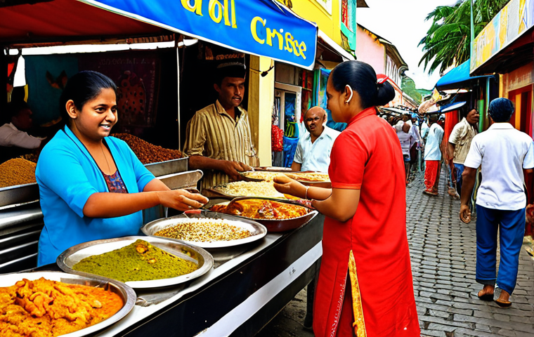 A vibrant street market scene in Mauritius, showcasing the multicultural cuisine: Indian curries, Chinese "mine frit," and "dholl puri" stands side-by-side. People of diverse ethnicities (Indian, Creole, Chinese, European) are interacting and enjoying the food. The background should include colorful buildings and bustling activity, reflecting the island's diverse culture.