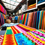 **Colorful Fabric Market:** A vibrant market scene in Mauritius, overflowing with textiles in floral, geometric, and bird-of-paradise patterns. Focus on the intense colors and textures of the fabrics, with a hint of local artisans at work.