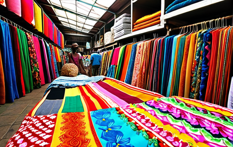 **Colorful Fabric Market:** A vibrant market scene in Mauritius, overflowing with textiles in floral, geometric, and bird-of-paradise patterns. Focus on the intense colors and textures of the fabrics, with a hint of local artisans at work.