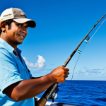 A professional angler in appropriate fishing attire, fully clothed, focused and actively reeling in a large catch on a deep-sea fishing boat. The boat is on the vast, clear, deep blue waters of Mauritius, with the distant tropical horizon visible under a bright sky. The scene conveys a sense of excitement and challenge, captured with high-quality professional photography. safe for work, appropriate content, fully clothed, professional, perfect anatomy, correct proportions, natural pose, well-formed hands, proper finger count, natural body proportions, modest clothing.