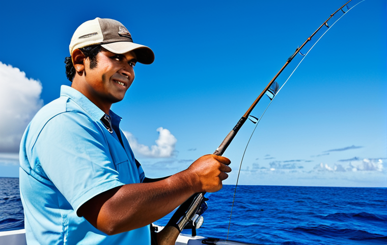 A professional angler in appropriate fishing attire, fully clothed, focused and actively reeling in a large catch on a deep-sea fishing boat. The boat is on the vast, clear, deep blue waters of Mauritius, with the distant tropical horizon visible under a bright sky. The scene conveys a sense of excitement and challenge, captured with high-quality professional photography. safe for work, appropriate content, fully clothed, professional, perfect anatomy, correct proportions, natural pose, well-formed hands, proper finger count, natural body proportions, modest clothing.
