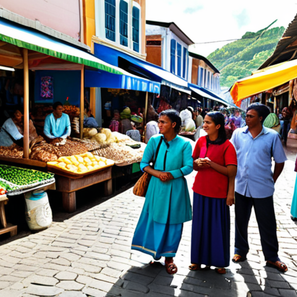 **

A diverse group of Mauritian people (Indian, Creole, Chinese, European descent) are engaged in conversation in a vibrant marketplace, surrounded by colorful textiles and local produce. Everyone is fully clothed in modest, everyday attire. The scene captures the blend of cultures and languages. Background includes bustling market stalls and traditional Mauritian architecture. Focus on capturing the joy of intercultural communication. Safe for work, appropriate content, family-friendly, perfect anatomy, correct proportions, natural pose, professional photography, high quality.

**