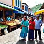 **

A diverse group of Mauritian people (Indian, Creole, Chinese, European descent) are engaged in conversation in a vibrant marketplace, surrounded by colorful textiles and local produce. Everyone is fully clothed in modest, everyday attire. The scene captures the blend of cultures and languages. Background includes bustling market stalls and traditional Mauritian architecture. Focus on capturing the joy of intercultural communication. Safe for work, appropriate content, family-friendly, perfect anatomy, correct proportions, natural pose, professional photography, high quality.

**