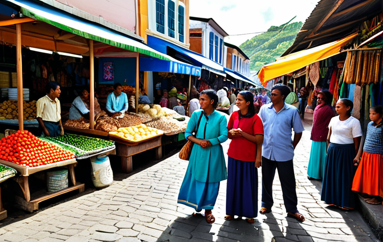 **

A diverse group of Mauritian people (Indian, Creole, Chinese, European descent) are engaged in conversation in a vibrant marketplace, surrounded by colorful textiles and local produce. Everyone is fully clothed in modest, everyday attire. The scene captures the blend of cultures and languages. Background includes bustling market stalls and traditional Mauritian architecture. Focus on capturing the joy of intercultural communication. Safe for work, appropriate content, family-friendly, perfect anatomy, correct proportions, natural pose, professional photography, high quality.

**