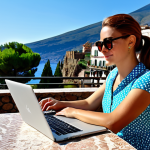 Freelancer Working with a View**

"A freelance writer working on a laptop at a charming outdoor cafe in Taormina, Sicily. The cafe overlooks the Ionian Sea with Mount Etna in the distance. She is wearing a stylish, modest summer dress and sunglasses. Capture the bright, sunny atmosphere, perfect anatomy, well-formed hands, natural pose, fully clothed, appropriate content, professional setting, safe for work, high quality."

**