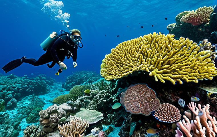 모리셔스 다이빙 명소 - Flic en Flac Coral Reef**

"Vibrant coral reef scene at Flic en Flac, Mauritius. Multicolored corals...