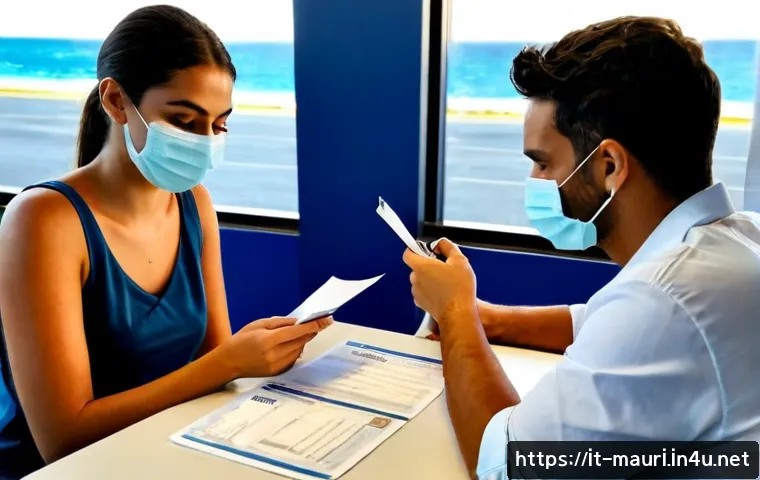 Home 10 모리셔스 코로나 여행 규정 - Photorealistic travel preparation scene for Mauritius health-entry requirements, Italian couple in c...