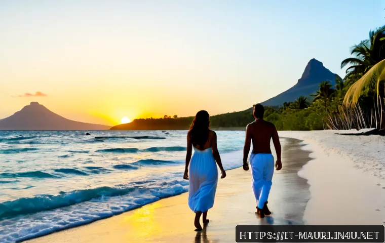 모리셔스 신혼여행 추천 - Photorealistic luxury honeymoon scene in Mauritius, an Italian newlywed couple in elegant resort wea...