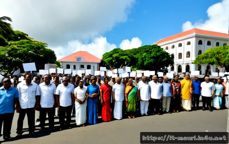 모리셔스 정치 이슈 - Photorealistic wide-angle view of a Mauritius government district during a calm political demonstrat...