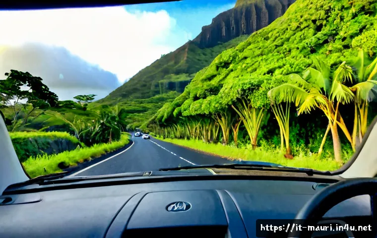 Home 15 모리셔스 운전 시 주의점 - Photorealistic view from inside a right-hand-drive rental car on a winding coastal road in Mauritius...